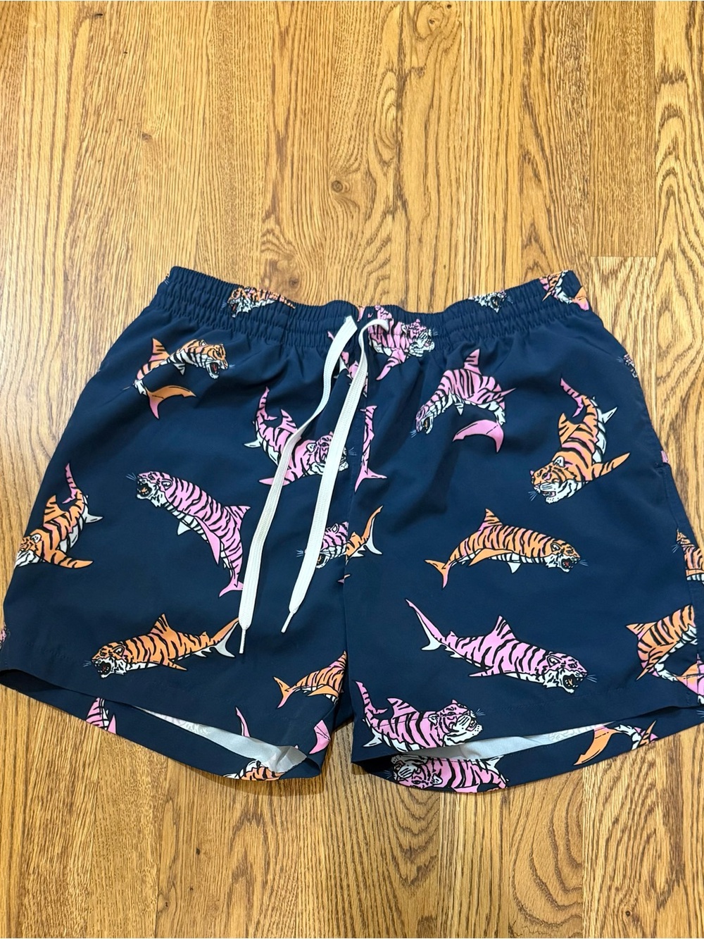 chubbies Navy Swim Trunks with Pink & Orange Tiger Sharks